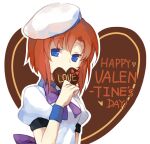  1girl blue_eyes breasts candy chocolate closed_mouth commentary_request english_text food happy_valentine hat heart heart-shaped_chocolate higurashi_no_naku_koro_ni hiragi_rin holding holding_chocolate holding_food holding_heart neck_ribbon orange_hair puffy_short_sleeves puffy_sleeves purple_ribbon ribbon ryuuguu_rena shirt short_hair short_sleeves small_breasts smile solo white_headwear white_shirt 