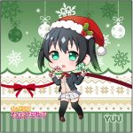  1girl 2020 absurdres black_hair black_thighhighs bow brown_footwear candy character_name chibi christmas copyright_name food gradient_hair green_eyes hat highres holding holding_candy holding_food love_live! love_live!_nijigasaki_high_school_idol_club multicolored_hair open_mouth santa_hat school_uniform seion skirt standing takasaki_yuu thighhighs twintails 