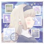  1girl 2022 animal bangs bird blunt_bangs blush city closed_eyes flower from_side grey_hair hairband high_collar highres lavender_(flower) long_hair original owl postage_stamp postmark profile shamo3 shooting_star sky smile solo star_(sky) starry_sky ufo 