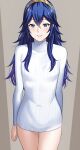  1girl ameno_(a_meno0) arm_at_side arm_behind_back bangs blue_eyes blue_hair breasts fire_emblem fire_emblem_awakening gold_hairband long_hair looking_at_viewer lucina_(fire_emblem) no_pants parted_lips small_breasts solo sweater taut_sweater thighs tiara turtleneck turtleneck_sweater wavy_hair white_sweater 