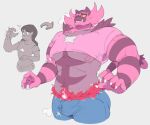  anthro big_muscles big_pecs bodily_fluids bottomwear bulge cheek_tuft claws clothed clothing erection eyewear facial_tuft fangs felid feline female ftm_transformation gender_transformation generation_7_pokemon genital_fluids glasses growth human human_to_anthro incineroar male mammal muscle_growth muscular muscular_anthro muscular_male nintendo pants pecs pokemon pokemon_(species) precum precum_through_clothing shirt solo species_transformation subakitsu sweat sweatdrop t-shirt topwear transformation tuft video_games wet wet_clothing 