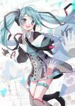  1girl :d absurdres bangs belt blue_hair blush boots bracelet collared_dress dress error_message floating_hair gloves hair_ornament half_gloves hand_in_hand_(vocaloid) hatsune_miku highres jewelry knee_boots long_hair long_sleeves magical_mirai_miku magical_mirai_miku_(2015) nagitofuu necktie open_mouth pleated_dress puffy_long_sleeves puffy_sleeves reflection robot_ears smile solo_focus thigh_belt thigh_strap twintails very_long_hair vocaloid window_(computing) 