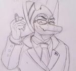  anthro cigar clothed clothing dinosaur eyewear loansharkmann long_snout looking_at_viewer male mature_male monochrome necktie pterodactylus pterosaur reptile ripley_(snoot_game) scalie sketch smoking snoot_game_(fan_game) snout solo suit traditional_media_(artwork) 