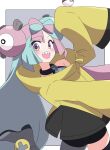  amamotyan bow-shaped_hair character_hair_ornament grey_pantyhose hair_ornament hexagon_print highres iono_(pokemon) jacket long_hair low-tied_long_hair multicolored_hair oversized_clothes pantyhose pokemon pokemon_(game) pokemon_sv sharp_teeth single_leg_pantyhose sleeves_past_fingers sleeves_past_wrists split-color_hair teeth very_long_sleeves x yellow_jacket 