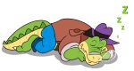  2022 alligator alligatorid alpha_channel anthro biped bottomwear brok_(character) brok_the_investigator clothing crocodilian eyes_closed green_body hi_res jolly_the_lizard jollyville lying pants reptile scalie shirt simple_background sleeping solo topwear transparent_background video_games 