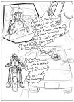  absurd_res anthro aquilops armor car clothed clothing comic dinosaur duo english_text eyewear fang_(gvh) female glasses goodbye_volcano_high hair headgear helmet hi_res long_hair monochrome motorcycle pterodactylus pterosaur reptile rosa_(gvh) scalie sketch snoot_game_(fan_game) spanish_text text unknown_artist vehicle video_games 