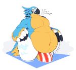  2022 anthro avian balls beak belly big_balls big_belly big_bulge big_moobs bird bodily_fluids boot_(artist) bottomwear breath_of_the_wild bulge clothed clothing curvy_figure dialogue english_text feathers flustered frown genitals hi_res huge_thighs ineffective_clothing kass_(tloz) loincloth love_handles male moobs narrowed_eyes navel nintendo non-mammal_balls overweight overweight_anthro overweight_male partially_submerged partially_submerged_legs rito simple_background solo standing sweat sweatdrop teeth text the_legend_of_zelda thick_thighs topless topless_anthro topless_male tuft video_games water wet white_background 