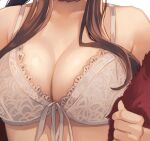  1girl breasts choker cleavage collarbone front-tie_bra head_out_of_frame jacket kantai_collection kasumi_(skchkko) large_breasts lowres open_clothes red_choker red_jacket sidelocks simple_background solo white_background yamato_(kancolle) 