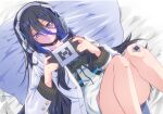  1girl artist_name bandaid bandaid_on_knee bandaid_on_leg bangs bed bed_sheet black_hair black_nails choker commentary exia_(nikke) goddess_of_victory:_nikke hair_between_eyes handheld_game_console headphones highres holding long_hair long_sleeves looking_at_viewer lying nail_polish namatyoco on_back on_bed pillow purple_eyes solo thighs 