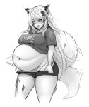  absurd_res animal_humanoid arknights belly big_belly big_breasts blush breasts cakecatboy canid canid_humanoid canine canine_humanoid female hi_res humanoid hypergryph lappland_(arknights) mammal mammal_humanoid monochrome navel overweight rumbling_stomach signature simple_background solo sound_effects studio_montagne thick_thighs tongue tongue_out video_games wolf_humanoid 