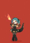  1girl :o absurdres bangs blue_hair blush boots breathing_fire chibi claw_pose detached_collar dress earrings fire flame gloves gradient_hair hatsune_miku high_collar highres horns jewelry lizard_tail long_hair long_tongue multicolored_hair nagitofuu open_mouth orange_eyes orange_hair pantyhose red_background salamander_(vocaloid) solo strapless strapless_dress tail thigh_boots tongue tongue_out twintails two-tone_hair v-shaped_eyebrows vocaloid 