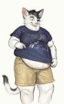  anthro black_hair bottomwear cettus clothing clothing_pull domestic_cat exposed_belly felid feline felis fur hair looking_down male mammal natan_osorio_suarez overweight overweight_anthro overweight_male pants shirt short simple_background solo topwear white_background white_body white_fur 