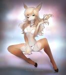 anthro athletic athletic_female blonde_hair breasts brown_body brown_fur cervid clothing female fur green_eyes hair hi_res lingerie long_hair mammal pinup pose sadbitch slim small_breasts solo white_body white_fur 