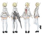  absurdres bangs black_footwear blonde_hair blue_eyes breasts double_bun doughnut_hair_bun dress expressionless eyebrows_hidden_by_hair godz_order hair_bun highres holstered_weapon missing_limb multiple_views official_art open_hands profile reference_sheet shoes sidelocks small_breasts sword thighhighs weapon white_dress white_thighhighs yasuda_akira yuri_godbuster 