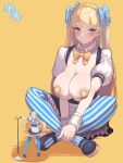  1girl apron areola_slip bangs blonde_hair blue_eyes blush bow breasts closed_mouth figure hair_bow heart_pasties highres huge_breasts lina_(michihasu) long_hair looking_at_viewer orange_background original pasties puffy_short_sleeves puffy_sleeves sagging_breasts shoes short_sleeves simple_background sitting striped striped_thighhighs thighhighs tsurumi_kazane twintails waist_apron white_apron 