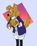  anthro bird_dog breasts brown_body brown_fur canid canine canis clothed clothing cocker_spaniel debruff_sampson domestic_dog female fur hi_res hunting_dog mammal open_clothing presenting pups_of_liberty sexylinguini simple_background solo spaniel uniform 