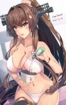  1girl artist_name bikini blush breasts brown_eyes brown_hair cherry_blossoms dated flower hair_flower hair_ornament headgear highres himeyamato kantai_collection large_breasts long_hair open_mouth ponytail ramune sexually_suggestive shell_casing solo swimsuit white_bikini yamato_(kancolle) 