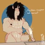  absurd_res afro anthro apron apron_only arm_tattoo bicorn bulge cas_(chaosdraws) chaosdraws clothing counter dialogue domestic facial_piercing green_eyes hand_tattoo hi_res horn looking_at_viewer male mostly_nude muscular muscular_arms nipples nonbinary_(lore) piercing sketch solo steam tattoo teapot vein veiny_muscles 