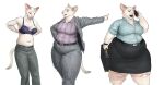  anthro belt bottomwear bra briefcase cettus clothing dialogue domestic_cat dress_shirt dressing felid feline felis female fur hi_res holding_object jacket mammal overweight overweight_anthro overweight_female pants phone sequence shirt simple_background skirt slightly_chubby solo suit topwear underwear weight_gain white_background white_body white_fur 