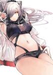  1girl aaoshigatoutoi absurdres animal_ears arknights armpits black_scarf black_shorts breasts cat_ears cleavage crop_top earpiece grey_hair hair_over_one_eye hand_up highres jacket long_hair looking_at_viewer lying medium_breasts micro_shorts midriff navel on_back open_clothes open_jacket parted_lips ponytail scarf schwarz_(arknights) shorts simple_background solo stomach stomach_day thighs very_long_hair white_background white_jacket yellow_eyes 
