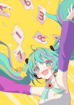  1girl :d absurdres arms_up bangs blue_eyes blue_hair blush brand_new_day_(vocaloid) brooch calendar_(object) collared_shirt detached_sleeves floating_hair hair_ornament hatsune_miku headset highres jewelry long_hair long_sleeves multicolored_hair nagitofuu nail_polish neck_ribbon open_mouth outstretched_arms paper ribbon shirt sleeveless sleeveless_shirt smile solo star_(symbol) streaked_hair twintails very_long_hair vocaloid 