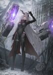  1girl arm_up bodysuit breasts building city cyborg full_body hair_over_one_eye headgear highres long_hair looking_at_viewer nemesis_(tower_of_fantasy) no.aei official_alternate_costume outdoors rain red_eyes solo standing tower_of_fantasy very_long_hair weapon white_hair 