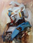  black_eyes gundam highres looking_ahead mecha mecha_request no_humans oil_painting_(medium) painting_(medium) park_jae-cheol piston portrait robot solo traditional_media v-fin 