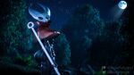  3d_(artwork) 4_fingers anthro arthropod auramargaret black_body breasts butt clothing compound_eyes digital_media_(artwork) female fingers forest forest_background hi_res hollow_knight hornet_(hollow_knight) insect light looking_at_viewer looking_back melee_weapon moon moonlight nature nature_background night patreon plant red_clothing solo team_cherry tree twitter under_boob video_games watermark weapon 