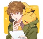  1boy ? artist_name bangs border brown_eyes brown_hair crossover green_jacket highres holding holding_paper jacket koeda_(k83_4) luke_pearce_(tears_of_themis) male_focus open_mouth paper pikachu pokemon pokemon_(creature) shirt short_hair solo tears_of_themis upper_body white_border yellow_background yellow_shirt 