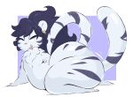  ambiguous_gender anthro arizonathevixen bedroom_eyes big_butt black_hair blue_eyes butt ear_piercing felid hair hi_res huge_butt looking_at_viewer lying mammal markings narrowed_eyes neck_tuft on_front open_mouth pantherine piercing seductive snow_leopard solo striped_body striped_markings striped_tail stripes tail_markings thick_thighs tuft 