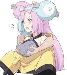  1girl bangs bare_shoulders blue_hair blush breast_grab breasts character_hair_ornament collarbone disembodied_limb grabbing hair_ornament iono_(pokemon) jacket light_blue_hair long_hair long_sleeves low_twintails medium_breasts multicolored_hair open_mouth pink_hair pokemon pokemon_(game) pokemon_sv sharp_teeth shiseki_hirame sleeves_past_fingers sleeves_past_wrists solo_focus split-color_hair teeth twintails white_background yellow_jacket 