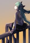  1girl absurdres bangs blush boots fingerless_gloves from_behind gloves green_eyes hair_ornament hatsune_miku headphones heartbeat_(module) highres long_hair long_sleeves looking_back nagitofuu nail_polish odds_&amp;_ends_(vocaloid) pleated_skirt sitting sitting_on_railing skirt smile solo sunset thigh_boots twintails very_long_hair vocaloid 