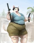  anthro belt bottomwear breasts cettus cleavage clothed clothing domestic_cat felid feline felis female gun headphones hi_res magazine_(gun) mammal open_mouth outside overweight overweight_anthro overweight_female pants plant ranged_weapon shirt shorts solo standing submachine_gun topwear tree weapon 