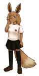  animal_ears anthro bottomwear canid canine clothing eevee female generation_1_pokemon hi_res isabelle_the_eevee legwear mammal nintendo pokemon pokemon_(species) skirt solo stockings unknown_artist video_games 