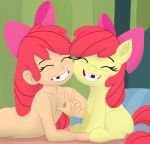  apple_bloom_(mlp) bed crade dual_persona duo equid equine eyes_closed female friendship_is_magic furniture hair hasbro hi_res horse human inside mammal my_little_pony nude on_bed pink_bow pony red_hair young 