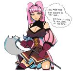  1girl 3amsoda absurdres axe black_thighhighs breasts brown_dress cleavage cleavage_cutout clothing_cutout detached_sleeves dress earrings english_commentary english_text fire_emblem fire_emblem:_three_houses gloves highres hilda_valentine_goneril holding holding_axe holding_weapon hoop_earrings jewelry large_breasts pink_eyes pink_gloves pink_hair solo thighhighs thought_bubble twintails underbust weapon white_background 