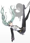  1girl absurdres bangs belt blue_hair boots cropped_jacket dripping falling garter_straps gloves half_gloves hatsune_miku headphones heart highres legs_up long_hair long_sleeves looking_up nagitofuu pantyhose parted_lips shorts solo thigh_boots twintails unhappy_refrain_(vocaloid) very_long_hair vocaloid yellow_eyes 