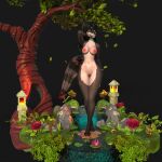  3d_(artwork) anthro black_hair black_nose blue_eyes breasts caravanvinci choker digital_media_(artwork) female garden hair hi_res jewelry mammal necklace night nude outside plant procyonid raccoon sila_dione solo tree 