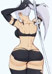  1girl ass black_gloves black_shorts black_thighhighs blue_background breasts elbow_gloves from_behind gloves highres large_breasts long_hair micro_shorts nier_(series) nier_automata ponytail shorts simple_background sword thighhighs weapon white_hair wide_hips yoracrab yorha_type_a_no._2 