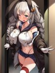  1girl :d bangs black_panties blue_eyes blue_sailor_collar blue_skirt blunt_bangs blush braid breasts collarbone commentary_request cosplay doorway elbow_gloves gloves grey_hair hair_ornament hair_ribbon highres huge_breasts kantai_collection kizuna_akari long_hair looking_at_viewer miniskirt navel open_mouth panties pleated_skirt ribbon sailor_collar school_uniform serafuku shimakaze_(kancolle) shimakaze_(kancolle)_(cosplay) shirt skirt smile solo standing stomach striped striped_thighhighs symbol-shaped_pupils thighhighs torisan twin_braids twintails underwear very_long_hair voiceroid white_gloves white_shirt 