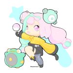  bellibolt chibi coat hair_ornament halterneck highres iono_(pokemon) long_hair long_sleeves magnemite open_mouth outline pantyhose pink_hair pokemon pokemon_(game) pokemon_sv sleeves_past_fingers sleeves_past_wrists 