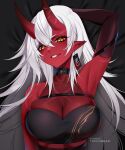  1girl akumi_(yoclesh) arm_up armpits bangs bare_shoulders breasts colored_skin hair_between_eyes horns large_breasts long_hair looking_at_viewer lying on_back oni_horns parted_lips patreon_username pointy_ears red_skin smile tofuubear upper_body virtual_youtuber vyugen white_hair yellow_eyes 