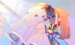  2girls bangs blunt_bangs braid bridal_veil bride brown_hair chibi church closed_eyes dress flower gloves grey_hair hair_flower hair_ornament hair_ribbon heads_together holding holding_flower holding_hands japanese_clothes lenneth_valkyrie light_smile lily_(flower) long_hair looking_at_another multiple_girls official_alternate_costume parted_lips ribbon sash shiho_(valkyrie_profile) smile sunlight valkyrie_profile veil wedding_dress white_gloves wrist_cuffs yunde_(twez3727) 
