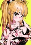  1girl 2pineapplepizza amane_misa animal_print bangs bare_shoulders black_nails blonde_hair breasts death_note detached_sleeves earrings heart heart_hands highres jewelry leopard_print long_hair looking_at_viewer nail_polish necklace ring smile solo two_side_up 