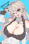  1girl blonde_hair breasts cleavage elbow_gloves gloves grey_eyes grey_headwear headgear highres iowa_(kancolle) kantai_collection large_breasts long_hair off_shoulder open_mouth rokukun smile star-shaped_pupils star_(symbol) symbol-shaped_pupils teeth upper_body upper_teeth v 