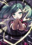  1girl absurdres bangs belt blue_hair blurry blurry_background buttons covered_mouth cropped_jacket crosshair double-breasted electricity hair_ornament hatsune_miku hibana_(vocaloid) highres leo/need_(project_sekai) long_hair looking_at_viewer multicolored_hair nagitofuu outstretched_arms parted_bangs pink_hair plaid plaid_skirt project_sekai reaching_towards_viewer safety_pin skirt solo streaked_hair twintails two-tone_hair vocaloid 