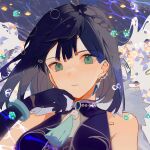  1girl bangs bare_shoulders blue_dress blue_hair closed_mouth commentary dark_blue_hair dice dress earrings elbow_gloves flower genshin_impact gloves green_eyes hand_up highres jewelry looking_at_viewer medium_hair sleeveless sleeveless_dress solo tassel upper_body wkwk0217 yelan_(genshin_impact) 