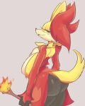  2022 anthro big_breasts black_body black_fur breasts butt canid canine delphox female fire fox fur generation_6_pokemon half-closed_eyes hi_res kocogi looking_at_viewer looking_back mammal narrowed_eyes nintendo nipples pink_background pokemon pokemon_(species) portrait red_body red_eyes red_fur simple_background smile solo stick three-quarter_portrait video_games white_body white_fur yellow_body yellow_fur 