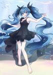  1girl absurdres animal asymmetrical_dress bangs barefoot blue_eyes blue_hair blush breasts bubble dress fish floating frilled_dress frills hair_ornament hatsune_miku highres long_hair nagitofuu ocean open_mouth outstretched_arms sand shinkai_shoujo_(vocaloid) sideboob sleeveless sleeveless_dress smile solo twintails underwater very_long_hair vocaloid water 
