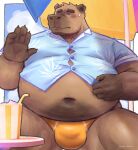  2022 absurd_res anthro belly big_belly blush brown_body bulge capybara caviid clothing eyes_closed hi_res humanoid_hands kemono male mammal navel overweight overweight_male peekeroro rodent shirt sitting solo topwear underwear 